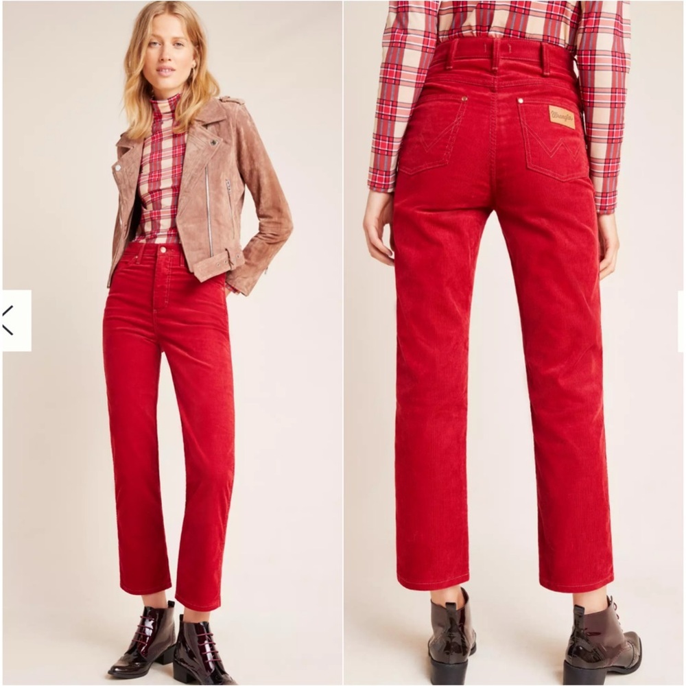 Wrangler Red Corduroy Heritage Fit High-Rise Straight Leg Cropped Pants Jeans